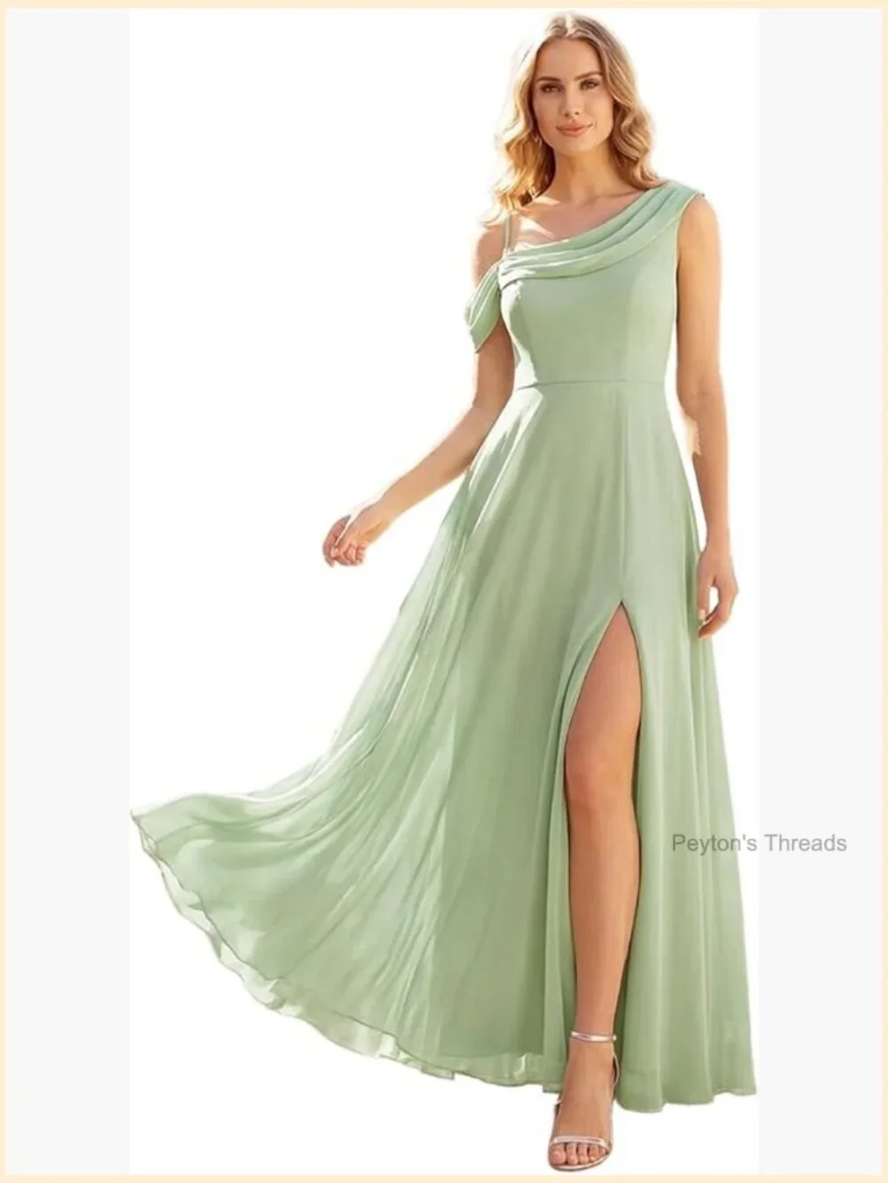 One Shoulder Bridesmaid Dress Short Sleeves Chiffon A-Line Floor Length
